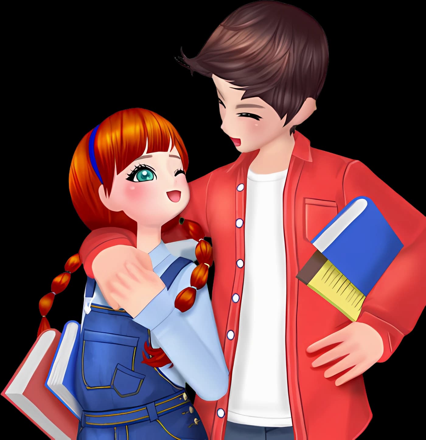 Two LoveBeat characters: a red-haired girl winking up at a boy in a red shirt